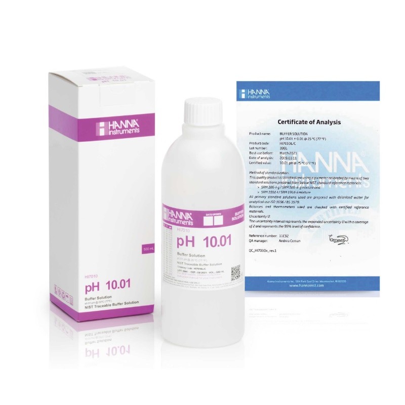 Hanna HI-7010L/C pH 10.01 Buffer Solution, 500 mL bottle with Certificate of Analysis Hanna HI-7010L/C pH 10.01 Buffer Solution, 500 mL bottle with Certificate of Analysis
