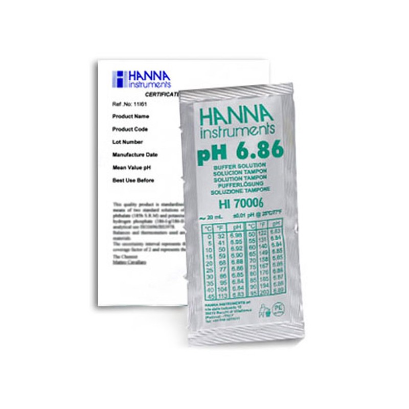 Hanna HI-70006C pH 6.86 Buffer Sachets, 25 x 20 mL sachets & certificate of analysis Hanna HI-70006C pH 6.86 Buffer Sachets, 25 x 20 mL sachets & certificate of analysis