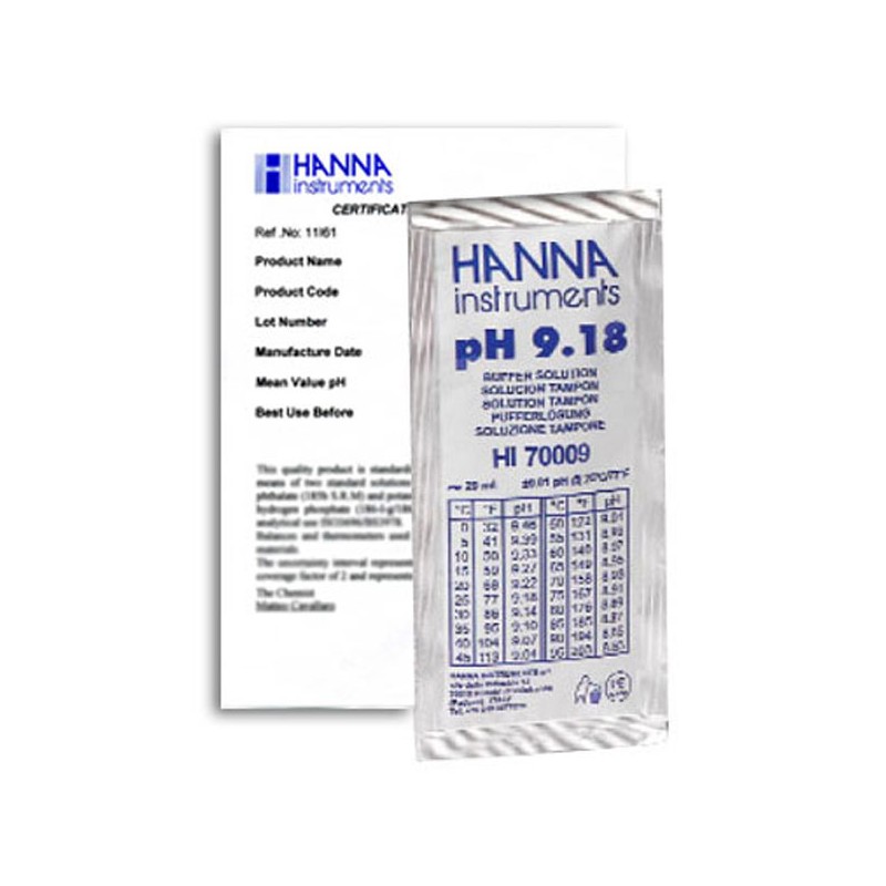 Hanna HI-70009C pH 9.18 Buffer Sachets, 25 x 20 mL sachets & certificate of analysis Hanna HI-70009C pH 9.18 Buffer Sachets, 25 x 20 mL sachets & certificate of analysis