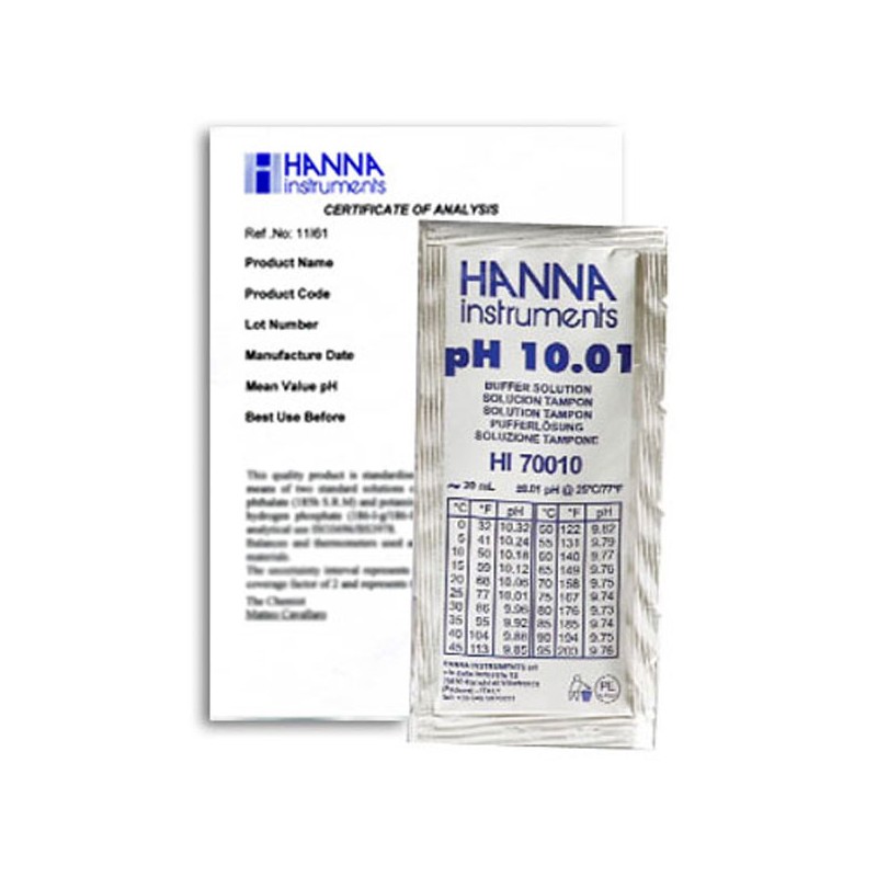 Hanna HI-70010C pH 10.01 Buffer Sachets, 25 x 20 mL sachets & certificate of analysis Hanna HI-70010C pH 10.01 Buffer Sachets, 25 x 20 mL sachets & certificate of analysis