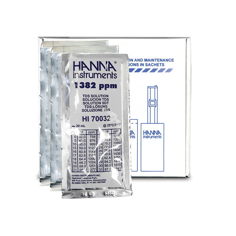 Hanna HI-70032P 1 382 mg/L (ppt) TDS Calibration Solution, x 25 Sachets Hanna HI-70032P 1 382 mg/L (ppt) TDS Calibration Solution, x 25 Sachets