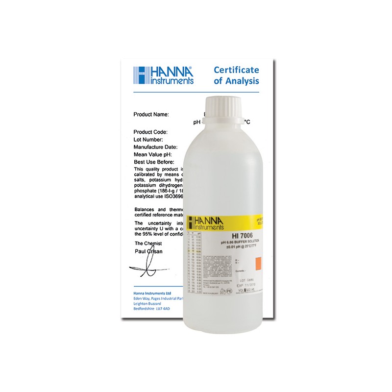 Hanna HI-7006L/C pH 6.86 Buffer Solution, 500 mL bottle & Certificate of Analysis