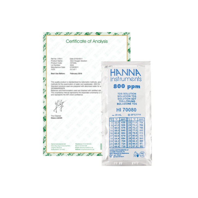 Hanna HI-70080C 800 mg/L (ppm) TDS Calibration Solution, x25 Sachets with Certificate Hanna HI-70080C 800 mg/L (ppm) TDS Calibration Solution, x25 Sachets with Certificate